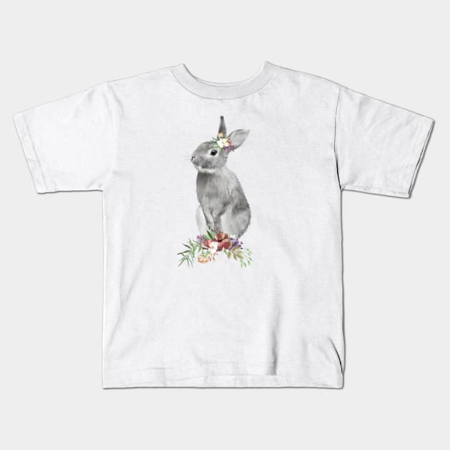 Black White Floral Easter Bunny Kids T-Shirt by ColorFlowCreations